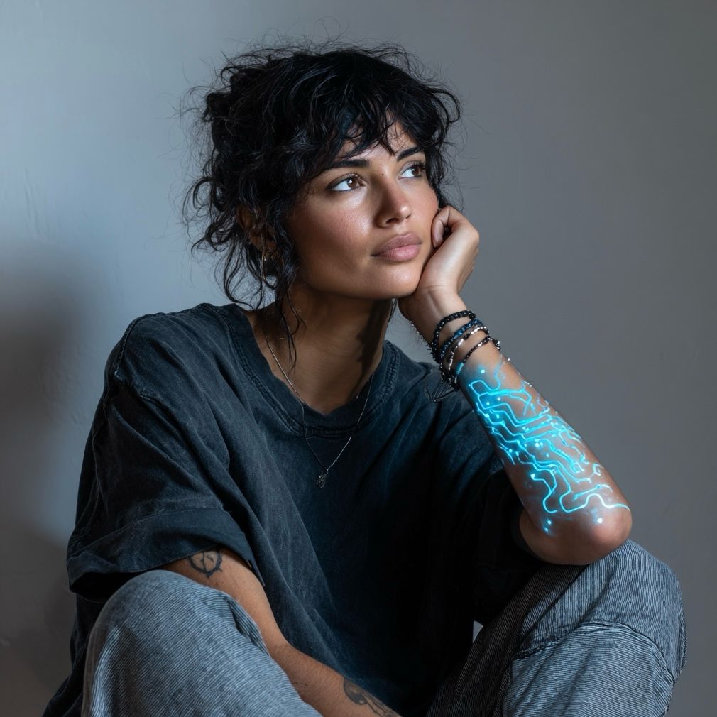 Mortalis — kobieta z neonowym tatuażem